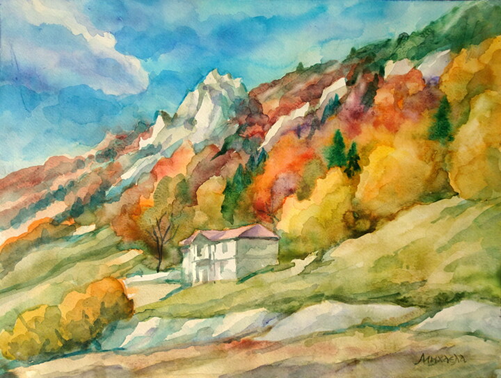 Dessin intitulée "Autumn in the mount…" par Mikhaela Ivanova, Œuvre d'art originale, Aquarelle
