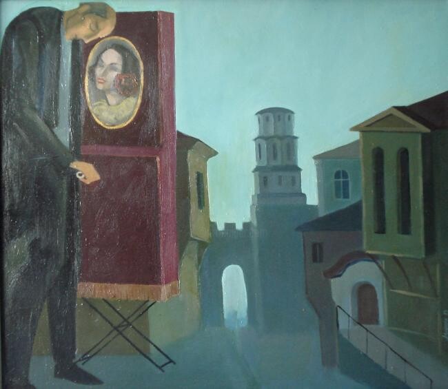 Painting titled "The Barrel - organ" by Mikhaela Ivanova, Original Artwork, Oil Mounted on Wood Stretcher frame