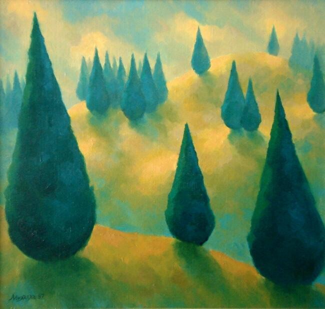 Painting titled "Around the hill II" by Mikhaela Ivanova, Original Artwork, Oil Mounted on Wood Stretcher frame