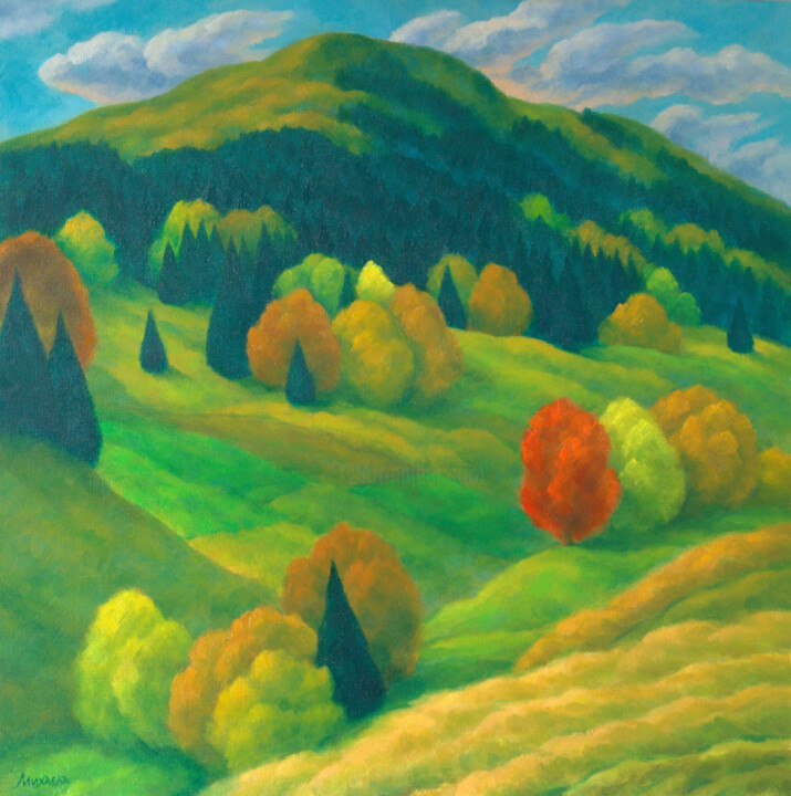 Painting titled "Rhodopes autumn I" by Mikhaela Ivanova, Original Artwork, Oil Mounted on Wood Stretcher frame