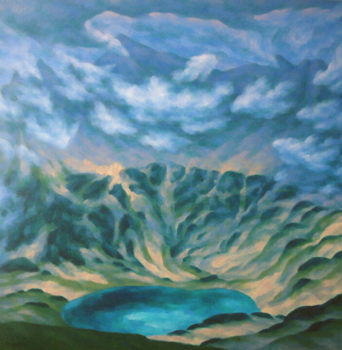 Painting titled "The Water Mountain" by Mikhaela Ivanova, Original Artwork, Oil Mounted on Wood Panel