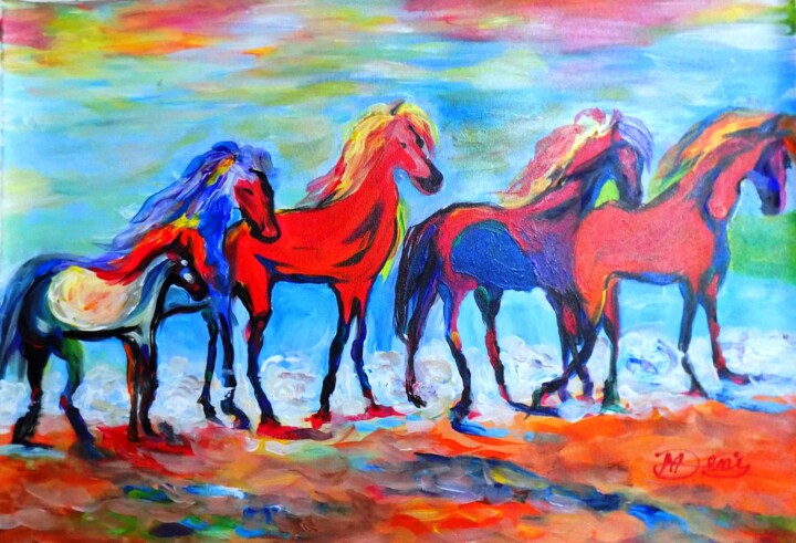 Schilderij getiteld "Horses" door Mihai Denis, Origineel Kunstwerk, Acryl