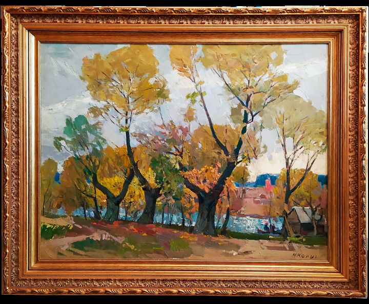 Painting titled "Three willows, oil,…" by Mikhail Kokin, Original Artwork, Oil Mounted on Wood Stretcher frame