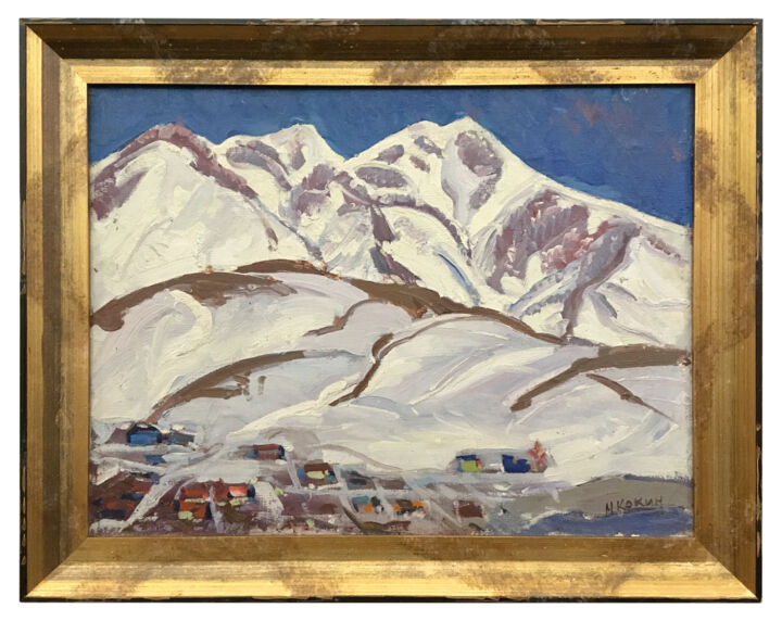 Painting titled ""Kamchatka Hills" o…" by Mikhail Kokin, Original Artwork, Oil Mounted on Wood Stretcher frame