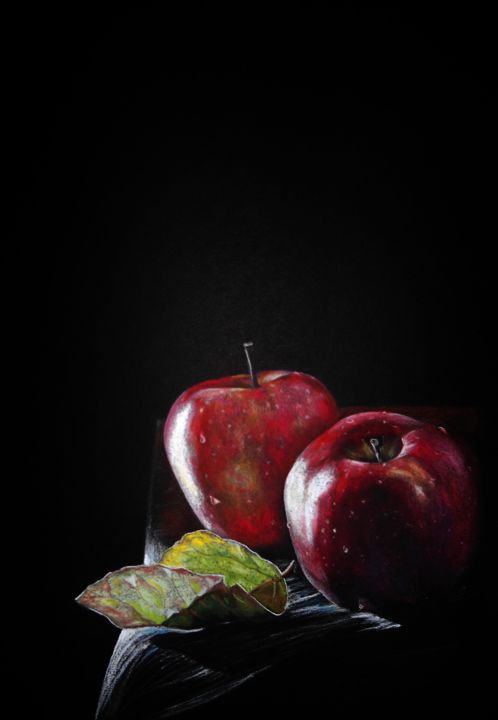 Pintura titulada "Pommes dans le noir" por Mihail Lipovschii, Obra de arte original, Pastel