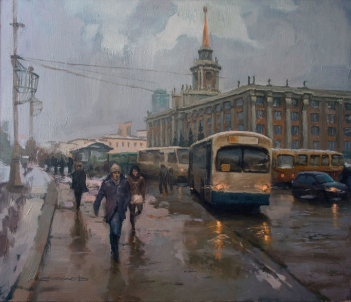 Painting titled "Остановка в Екатери…" by Mihail Vachaev, Original Artwork, Oil