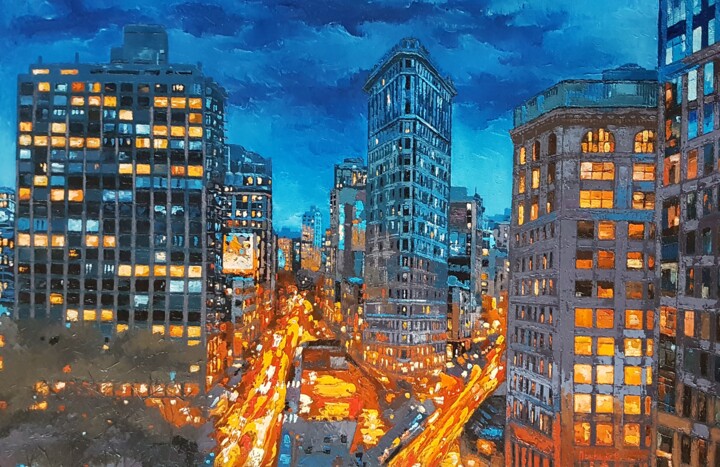 Peinture intitulée "Blue Night City Lig…" par Olga Mihailicenko, Œuvre d'art originale, Huile