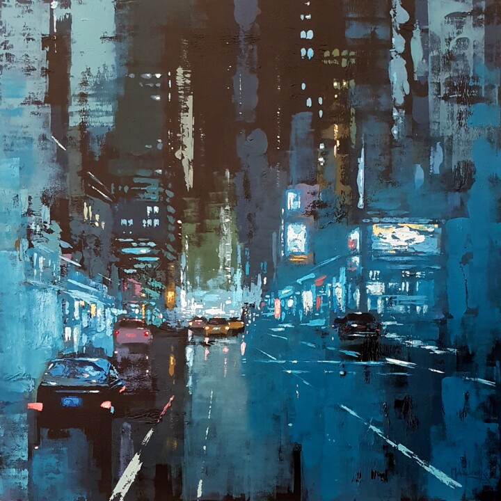 Картина под названием "Neon City" - Olga Mihailicenko, Подлинное произведение искусства, Масло