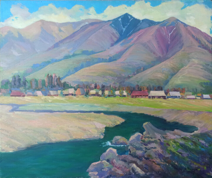 Painting titled "Village in mountains" by Mikhailo Rosada, Original Artwork, Oil