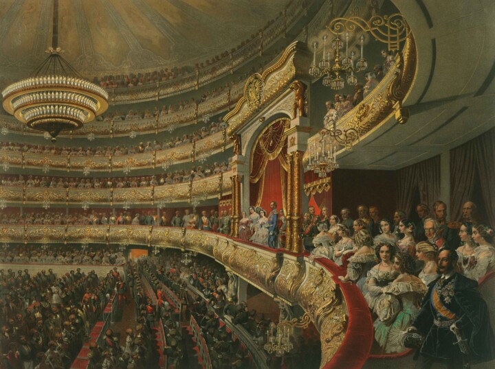 Pittura intitolato "Représentation au t…" da Mihály Zichy, Opera d'arte originale, Olio