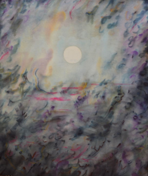 Painting titled "A la lune" by Mijo Chambon, Original Artwork, Watercolor Mounted on Wood Stretcher frame