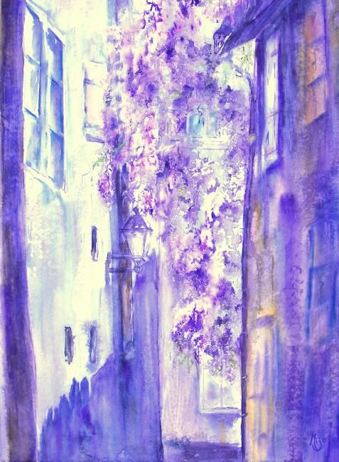 Peinture intitulée "cascade Glycine" par Mijo Chambon, Œuvre d'art originale, Aquarelle