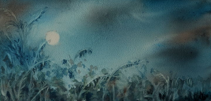 Peinture intitulée "cette nuit de plein…" par Mijo Chambon, Œuvre d'art originale, Aquarelle Monté sur Panneau de bois