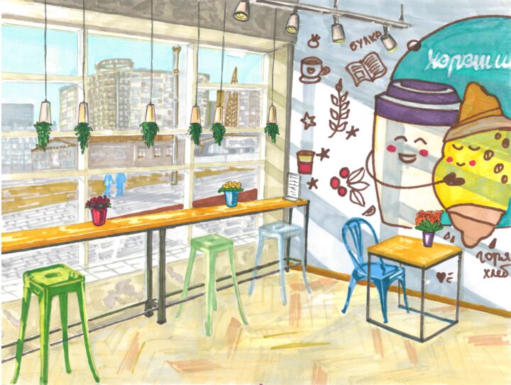 Painting titled "Cafe interior" by Mika Shigeru, Original Artwork, Marker