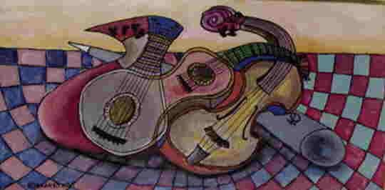 Painting titled "99-03 VIOLIN, GUITA…" by Mike Granatt, Original Artwork, Oil