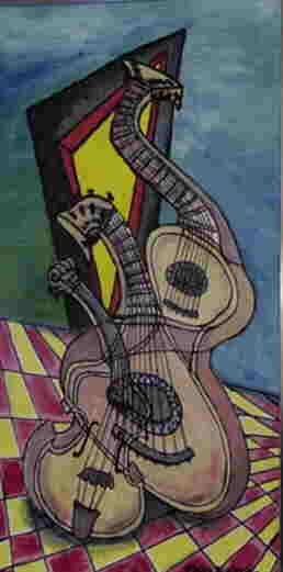 Painting titled "99-07 Guitar, lute,…" by Mike Granatt, Original Artwork, Oil