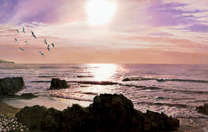 Schilderij getiteld "TOWARDS SUNSET" door Mike Smith, Origineel Kunstwerk, Olie