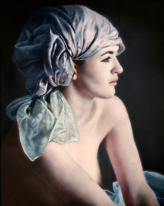 Malerei mit dem Titel "THE BLUE SILK SCARF" von Mike Smith, Original-Kunstwerk, Öl