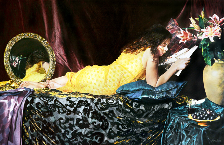 Pittura intitolato "GIRL READING" da Mike Smith, Opera d'arte originale, Olio