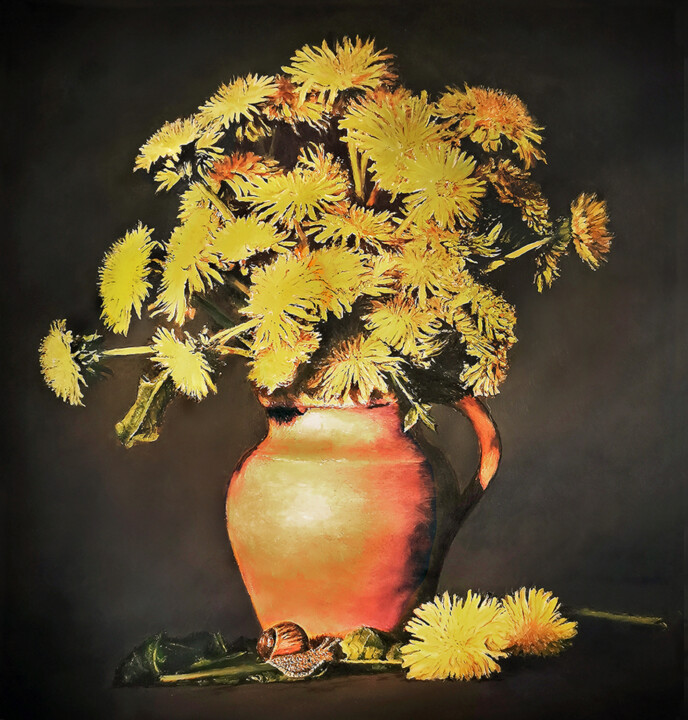 Peinture intitulée "DANDELIONS with sna…" par Mike Smith, Œuvre d'art originale, Huile