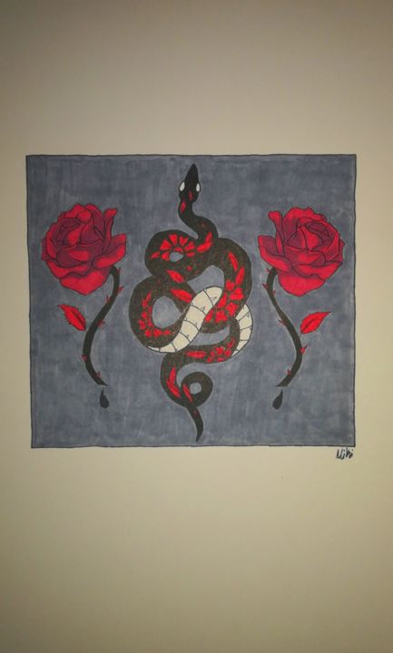 Peinture intitulée "Snake and Red Roses" par Miki, Œuvre d'art originale, Marqueur
