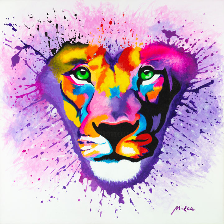 Painting titled "Lion Heart" by Mikey Lee, Original Artwork, Acrylic Mounted on Wood Stretcher frame