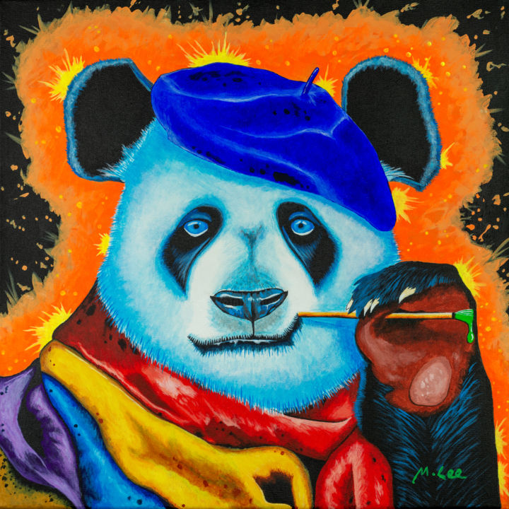 Painting titled "Artist Panda" by Mikey Lee, Original Artwork, Acrylic Mounted on Wood Stretcher frame