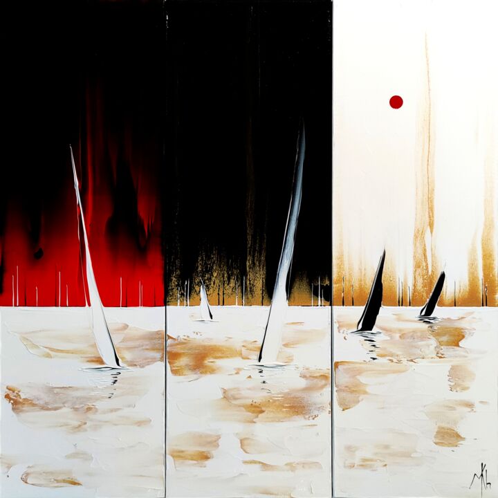 Painting titled "Triptyque Red black…" by Mikha, Original Artwork, Acrylic Mounted on Wood Stretcher frame