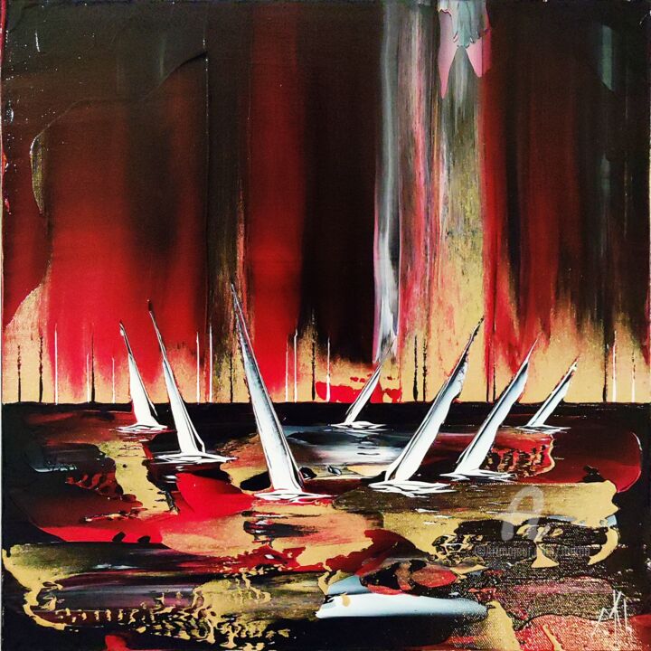 Peinture intitulée "Crimson regatta" par Mikha, Œuvre d'art originale, Acrylique Monté sur Châssis en bois