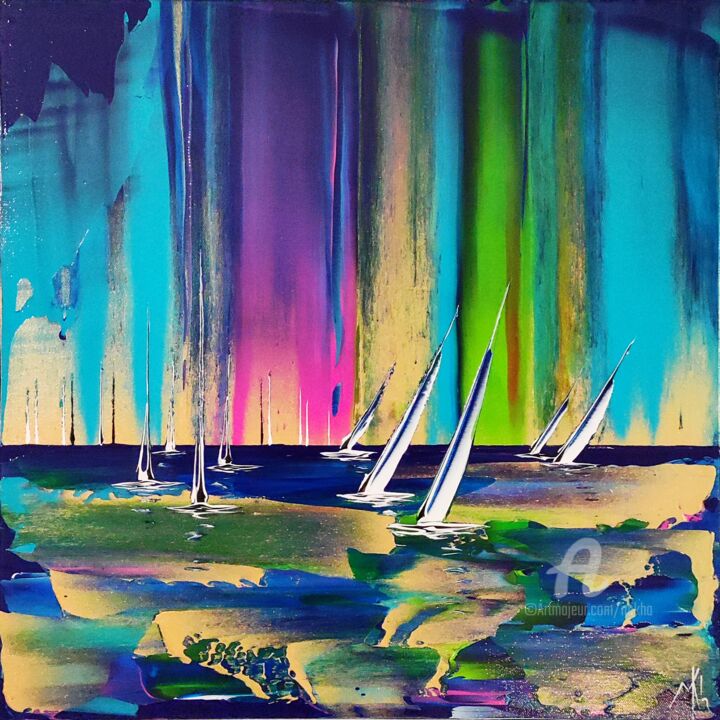 Peinture intitulée "Rainbow regatta" par Mikha, Œuvre d'art originale, Acrylique Monté sur Châssis en bois