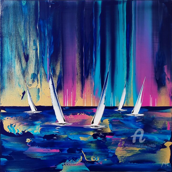 Peinture intitulée "Rainbow regatta #~2" par Mikha, Œuvre d'art originale, Acrylique Monté sur Châssis en bois