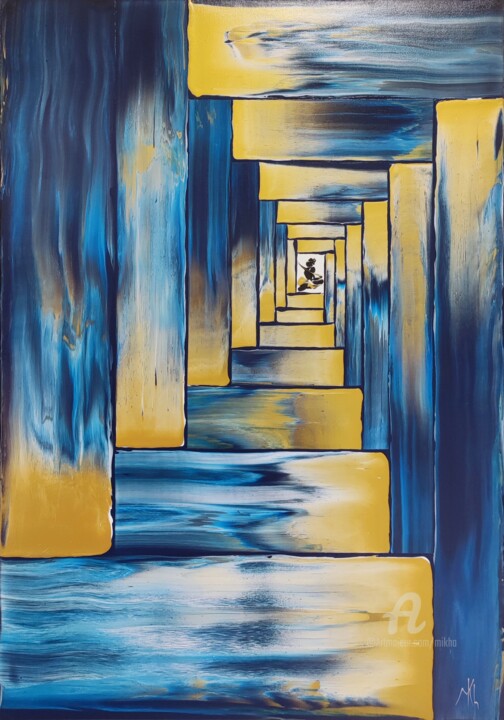 Painting titled "Stairway in gold an…" by Mikha, Original Artwork, Acrylic Mounted on Wood Stretcher frame