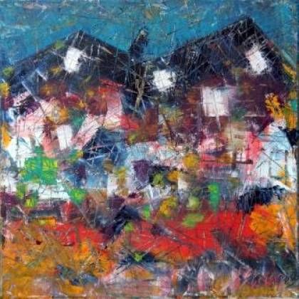 Painting titled "Village with Two Ro…" by Mikhail Evstafiev, Original Artwork, Oil