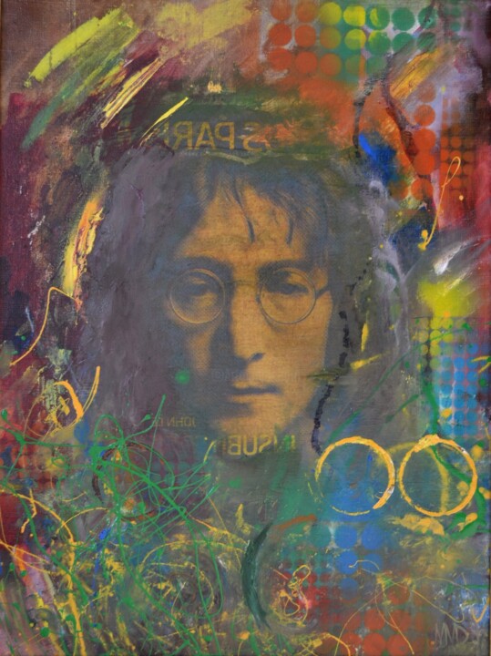 Schilderij getiteld "Jhon Lennon" door Mikhail Mantulin, Origineel Kunstwerk, Olie Gemonteerd op Frame voor houten brancard