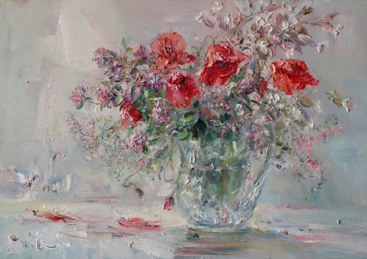 Peinture intitulée "Poppies and Clover" par Mikhail Mikora, Œuvre d'art originale, Huile