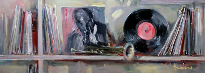 Peinture intitulée "The Jazz Shelf. Vin…" par Mikhail Mikora, Œuvre d'art originale, Huile