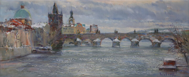 Peinture intitulée "The Charles Bridge" par Mikhail Mikora, Œuvre d'art originale, Huile