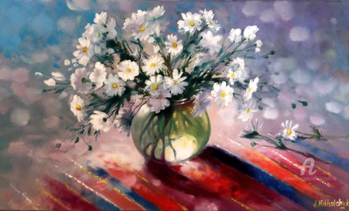 Painting titled "Chamomile." by Alexander Mikhalchyk, Original Artwork, Oil