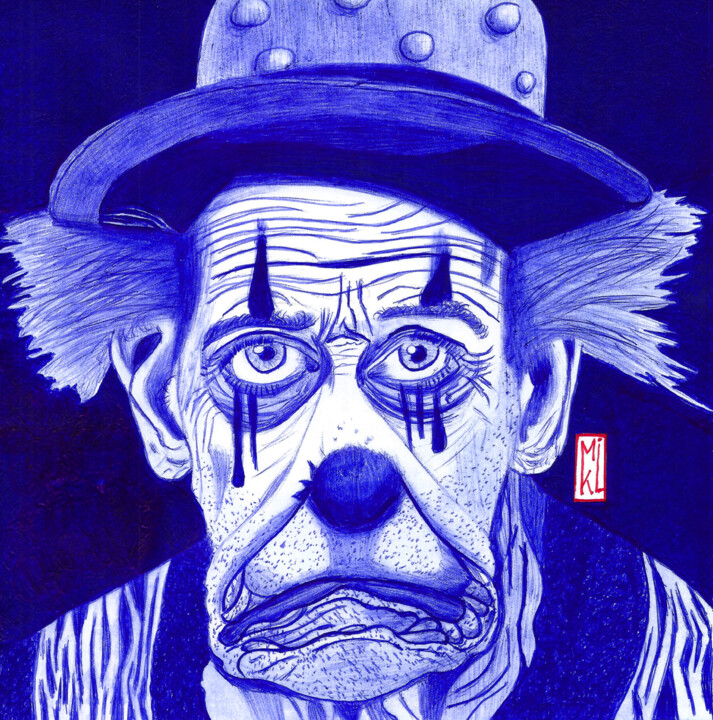 Drawing titled "Clown triste" by Mikael Schneider, Original Artwork, Ballpoint pen