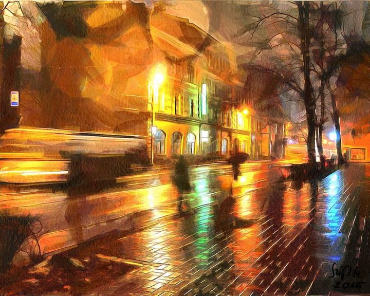 Painting titled "Rainy street lighti…" by Miklos Szigeti, Original Art, Acrylic