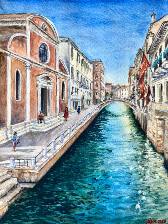 Schilderij getiteld "Venice in quarantin…" door Mila D'Art, Origineel Kunstwerk, Aquarel