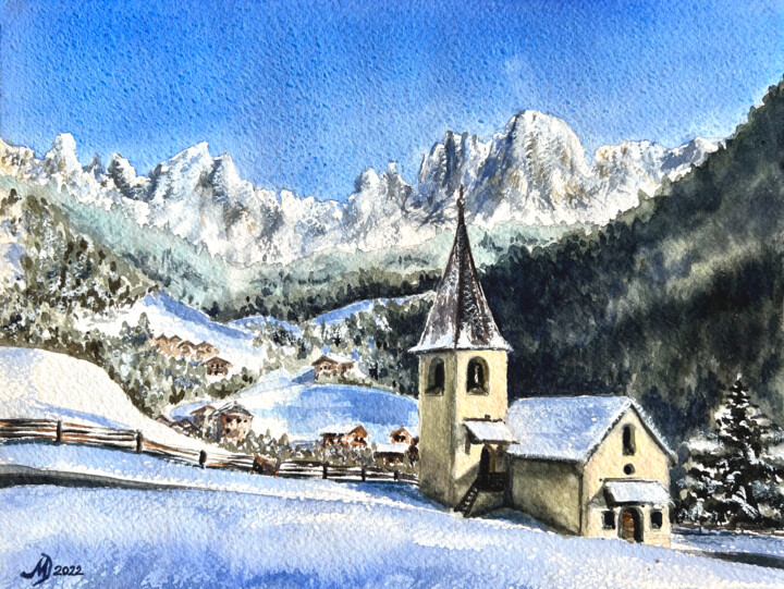 Painting titled "Alpine village" by Mila D'Art, Original Artwork, Watercolor