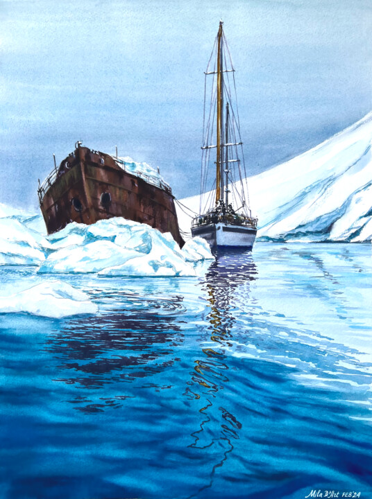 Pittura intitolato "Antarctic adventure…" da Mila D'Art, Opera d'arte originale, Acquarello