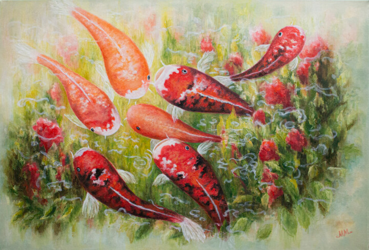 Painting titled "When Koi meet roses" by Mila Moroko, Original Artwork, Oil Mounted on Wood Stretcher frame