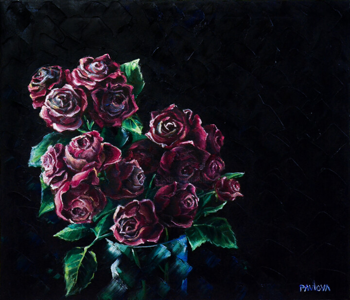 Painting titled "Red roses on blakc" by Mila Pavlova, Original Artwork, Oil Mounted on Wood Stretcher frame