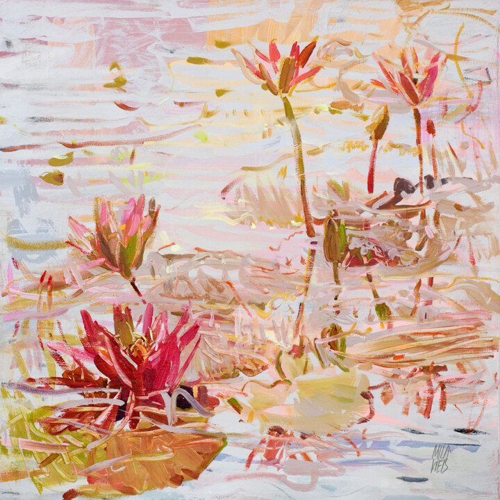 Malerei mit dem Titel "Pink Water Lilies" von Mila Weis, Original-Kunstwerk, Acryl Auf Keilrahmen aus Holz montiert