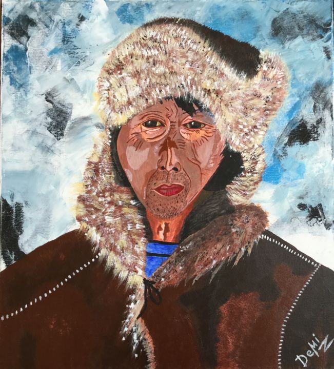 Painting titled "Yakut. Northern man" by Mila Derzhavina, Original Artwork, Acrylic Mounted on Wood Stretcher frame