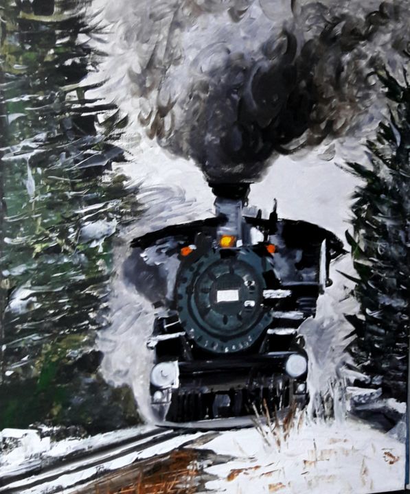 Painting titled "Train à vapeur" by Bliss'Art, Original Artwork, Acrylic