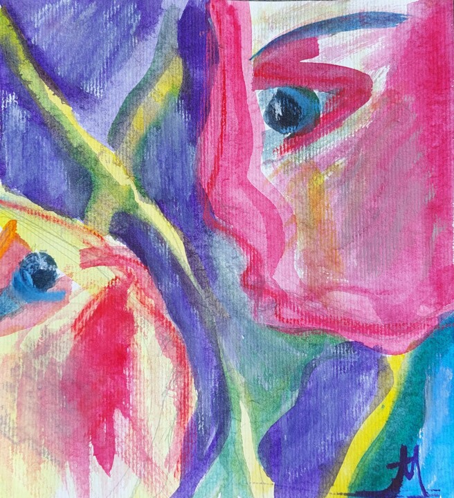 Painting titled "A kiss" by Milana Artsemenka, Original Artwork, Watercolor