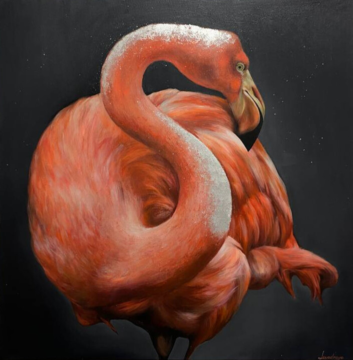 Painting titled "Flamingo" by Milana Levadnaya, Original Artwork, Acrylic Mounted on Wood Stretcher frame